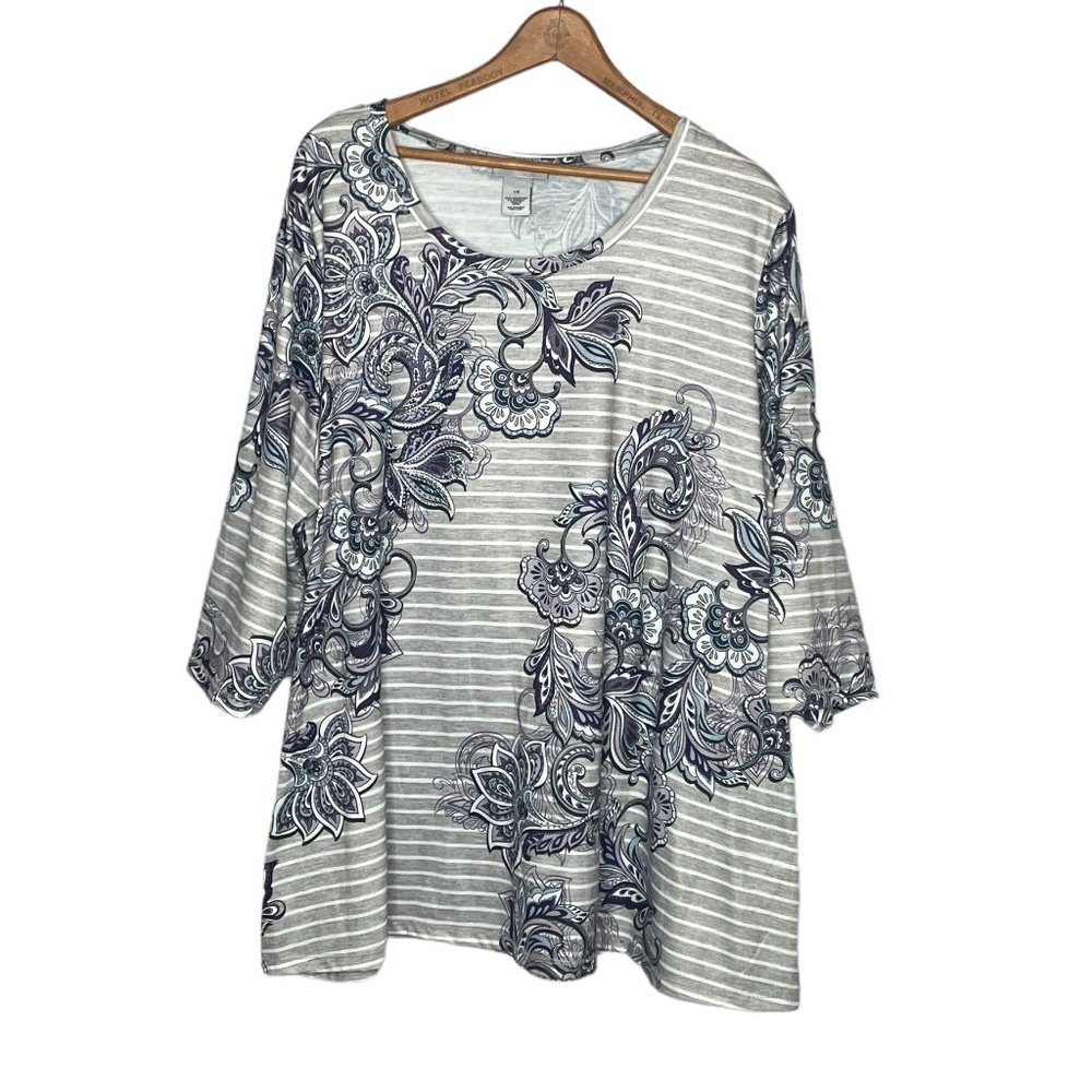 Catherines 1X Gray Stripe Purple Paisley Rhinestone Embellished Stretch Knit Top
